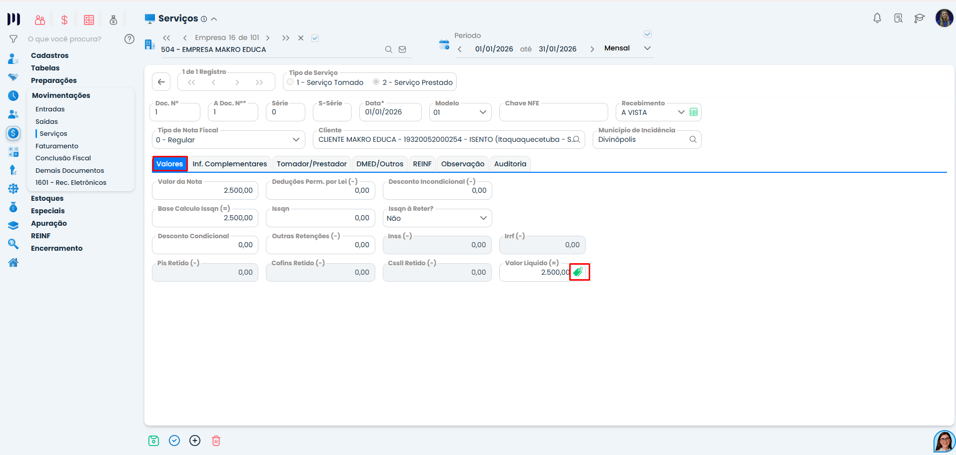 Tela do Sistema Contábil Makro com campos de valores preenchidos destacando cálculo automático no lançamento de notas de serviços.