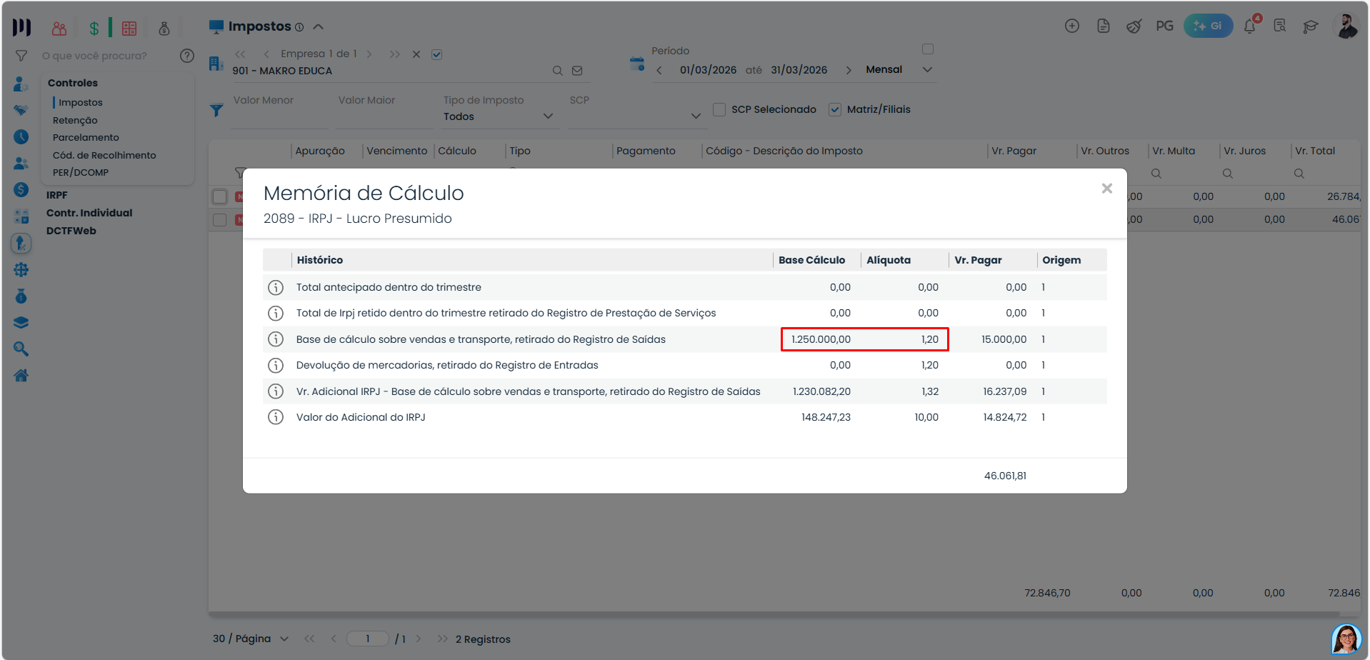 Sistema Contábil Makro mostrando memória de cálculo do IRPJ com acréscimo, destacando base de cálculo até R$ 1.250.000,00 no Lucro Presumido.