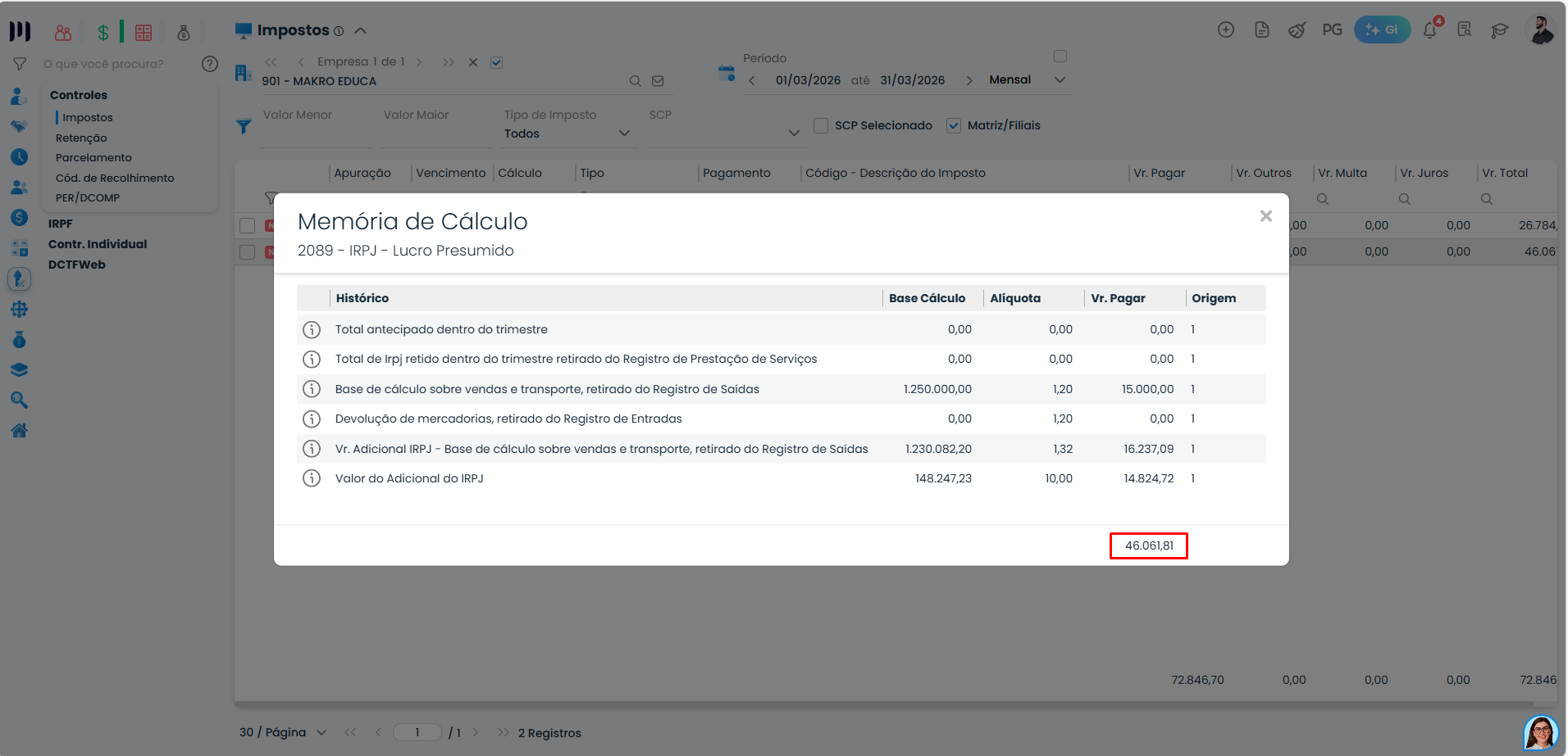 Sistema Contábil Makro apresentando valor final do IRPJ com acréscimo calculado após aplicação das alíquotas e deduções no regime de Lucro Presumido.