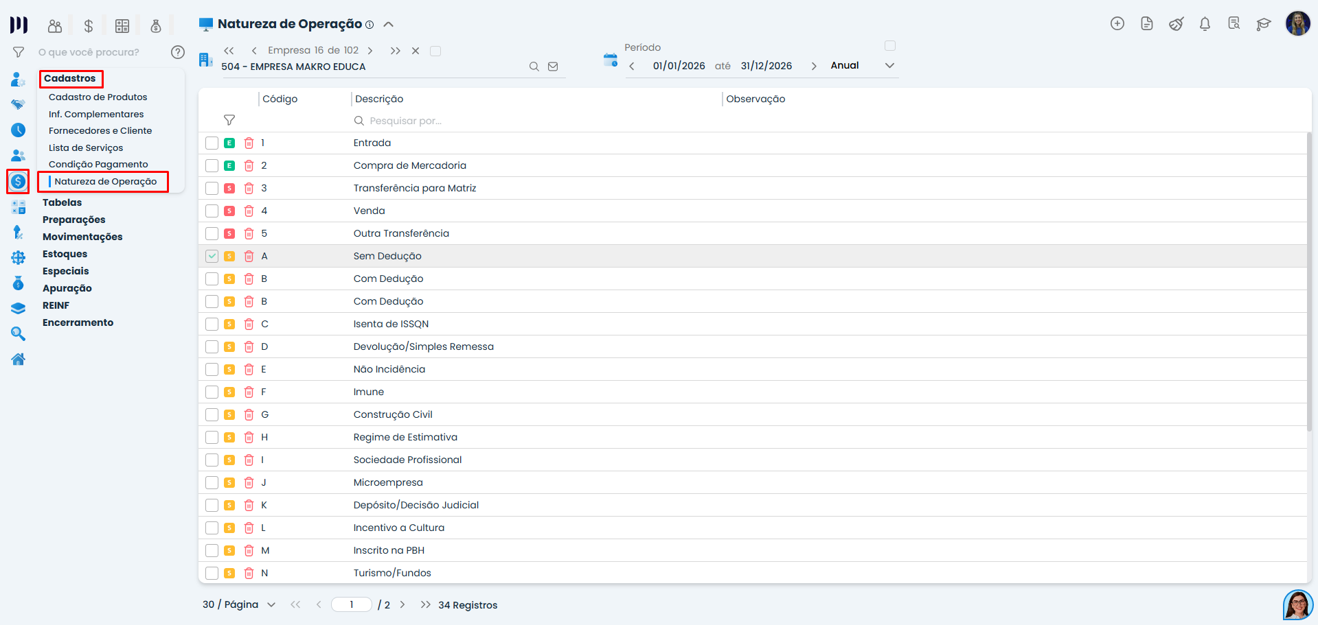 Tela de cadastro de Natureza da Operação no Sistema Contábil Makro exibindo lista de códigos e descrições fiscais para classificação de entradas e saídas.