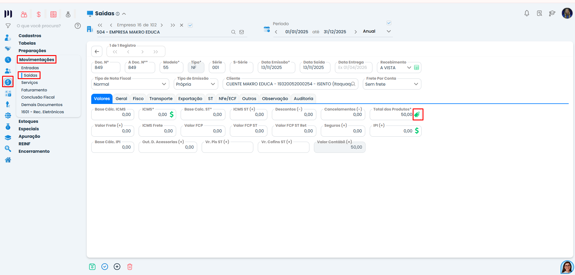 Tela de movimentações de saídas no Sistema Contábil Makro com destaque para acesso à aba produtos e valores vinculados à Natureza da Operação.