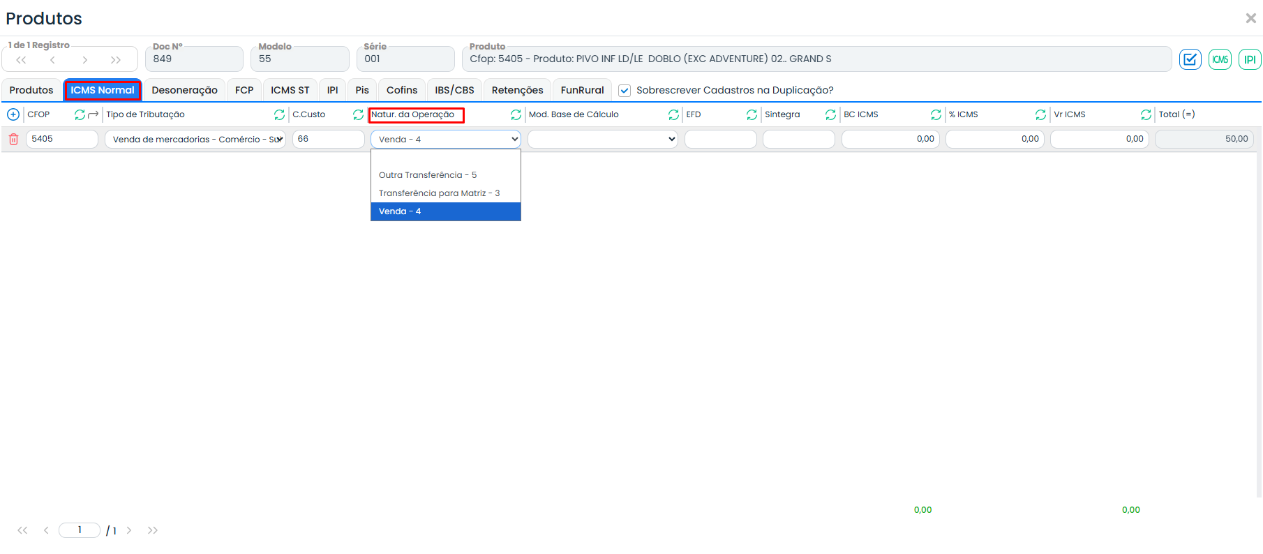 Tela de produtos na aba ICMS Normal do Sistema Contábil Makro com seleção da Natureza da Operação vinculada ao item fiscal cadastrado.