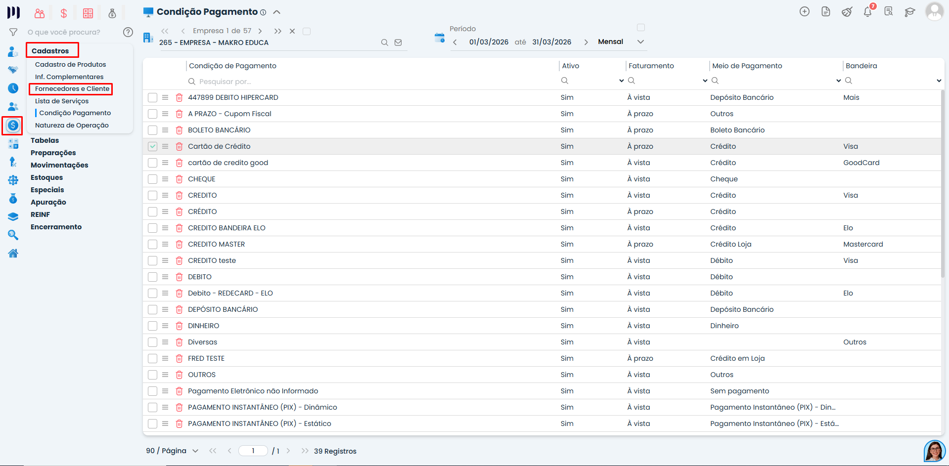 Sistema Contábil Makro exibindo tela de condição de pagamento com lista de opções cadastradas e colunas de faturamento e meio de pagamento conforme XML.