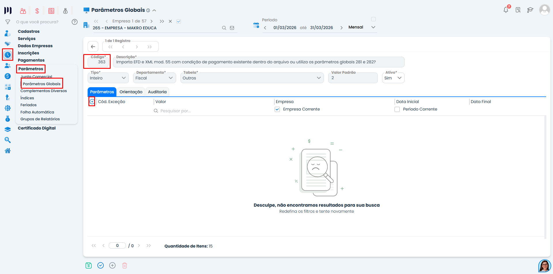 Sistema Contábil Makro apresentando tela de parâmetros globais com configuração do parâmetro 363 para identificar pagamento conforme XML na importação.