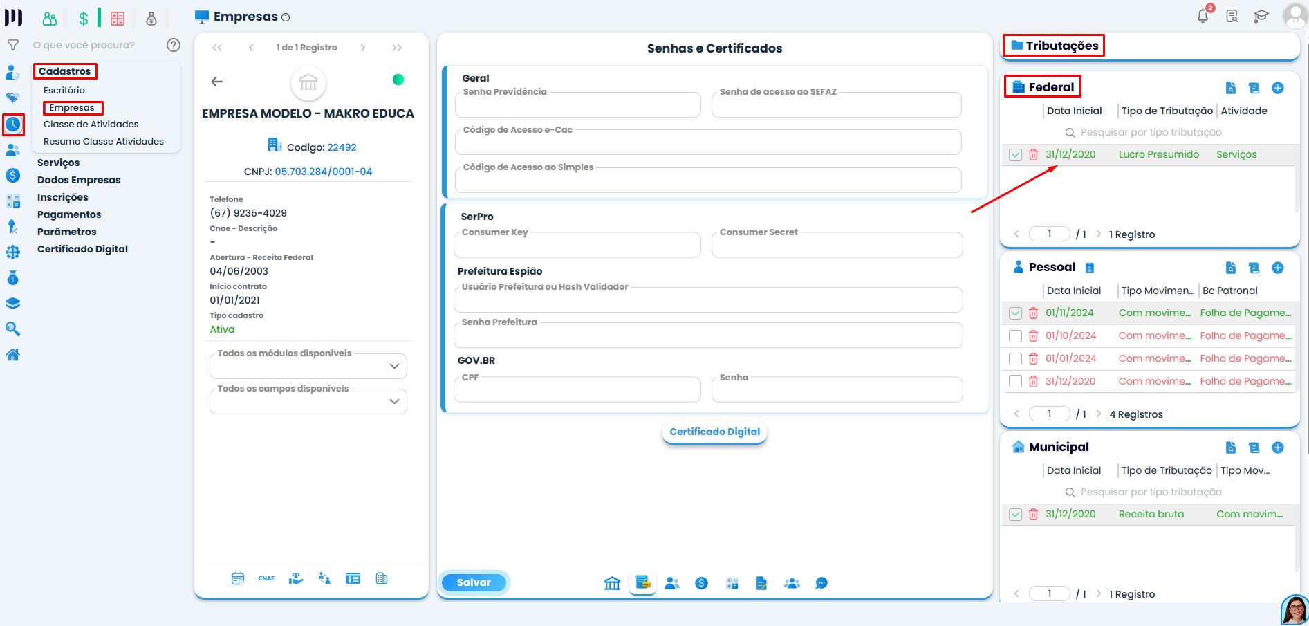 Tela de cadastro de empresa no Sistema Contábil Makro destacando aba de tributações federais para notas fiscais de serviços prestados e conferência de dados.