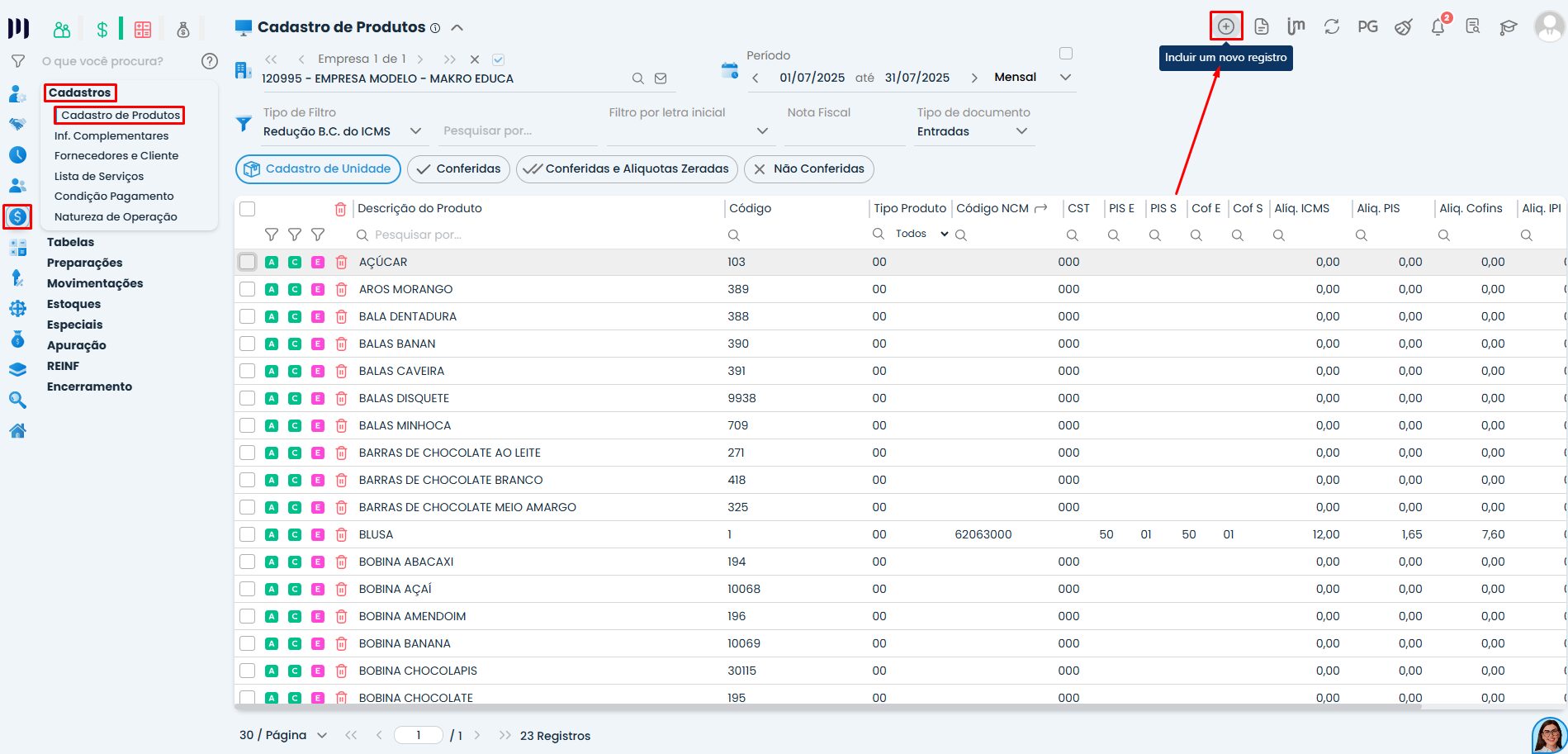 Listagem de cadastro de produtos no Sistema Contábil Makro com opção de incluir novo item para notas fiscais de serviços prestados e parametrização fiscal.