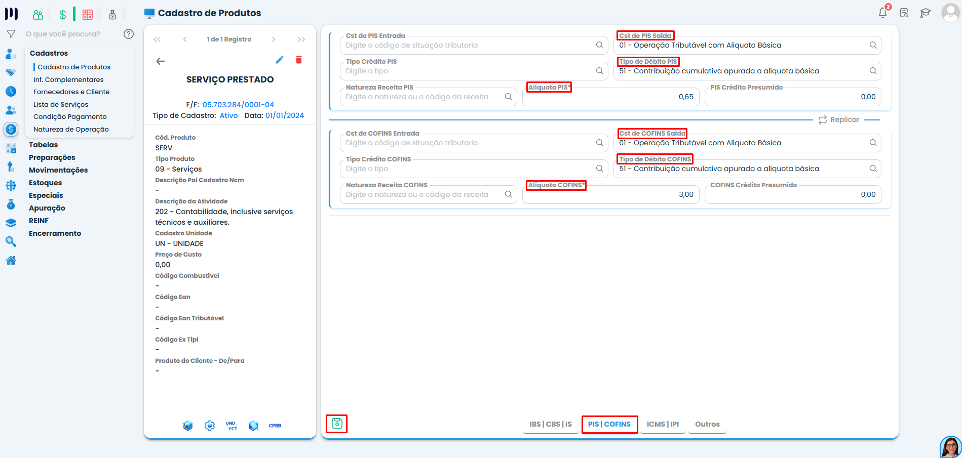 Tela de cadastro de produto serviço no Sistema Contábil Makro com definição de PIS e COFINS para notas fiscais de serviços prestados e tipos de débito.
