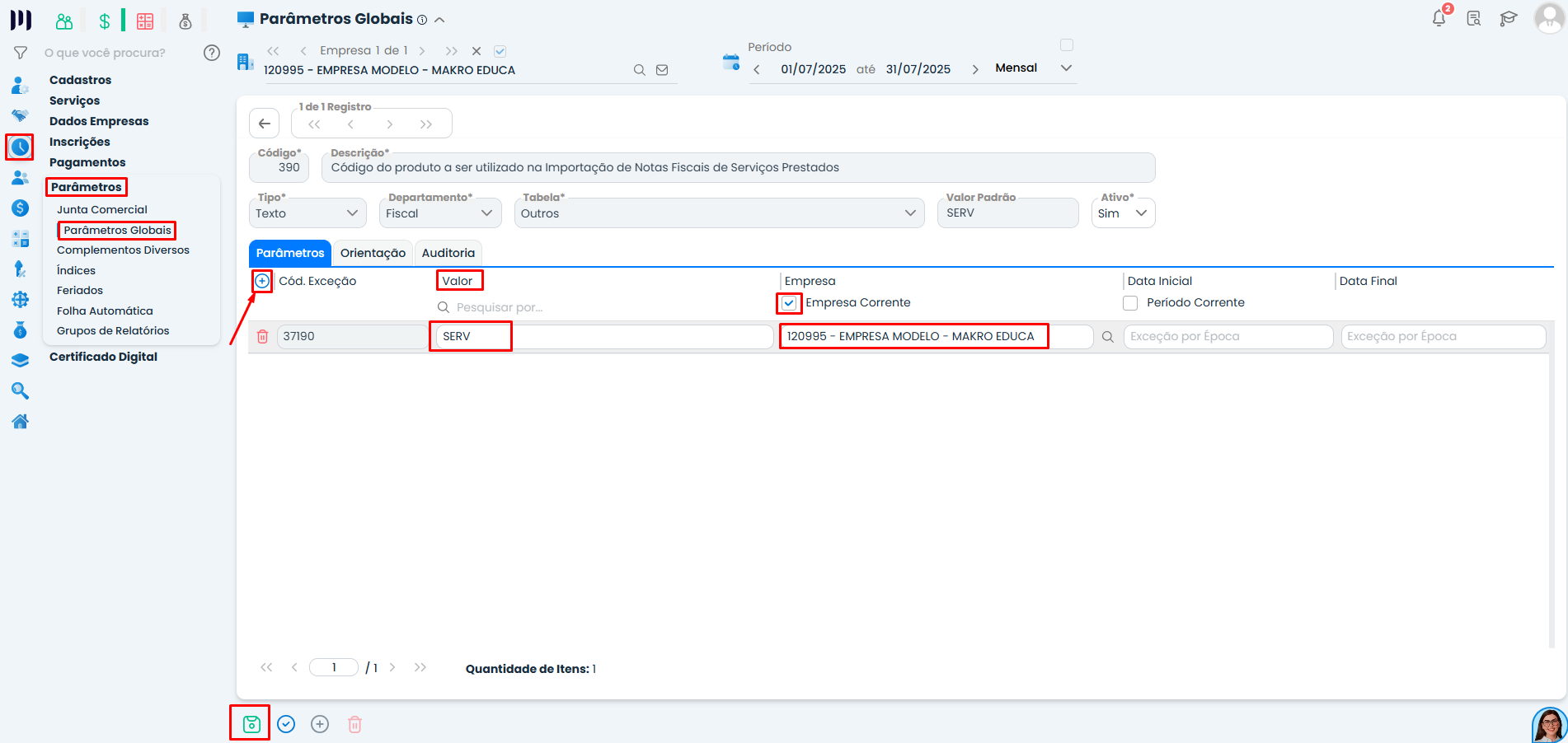 Configuração do parâmetro global 390 no Sistema Contábil Makro vinculando produto para notas fiscais de serviços prestados e integração fiscal correta.