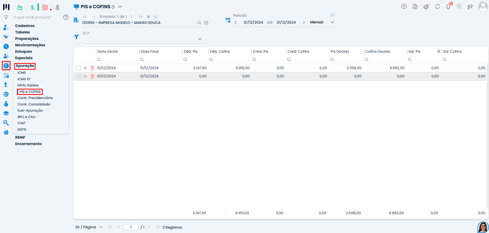 Apuração de PIS e COFINS no Sistema Contábil Makro exibindo valores calculados após importação de notas fiscais de serviços prestados corretamente.