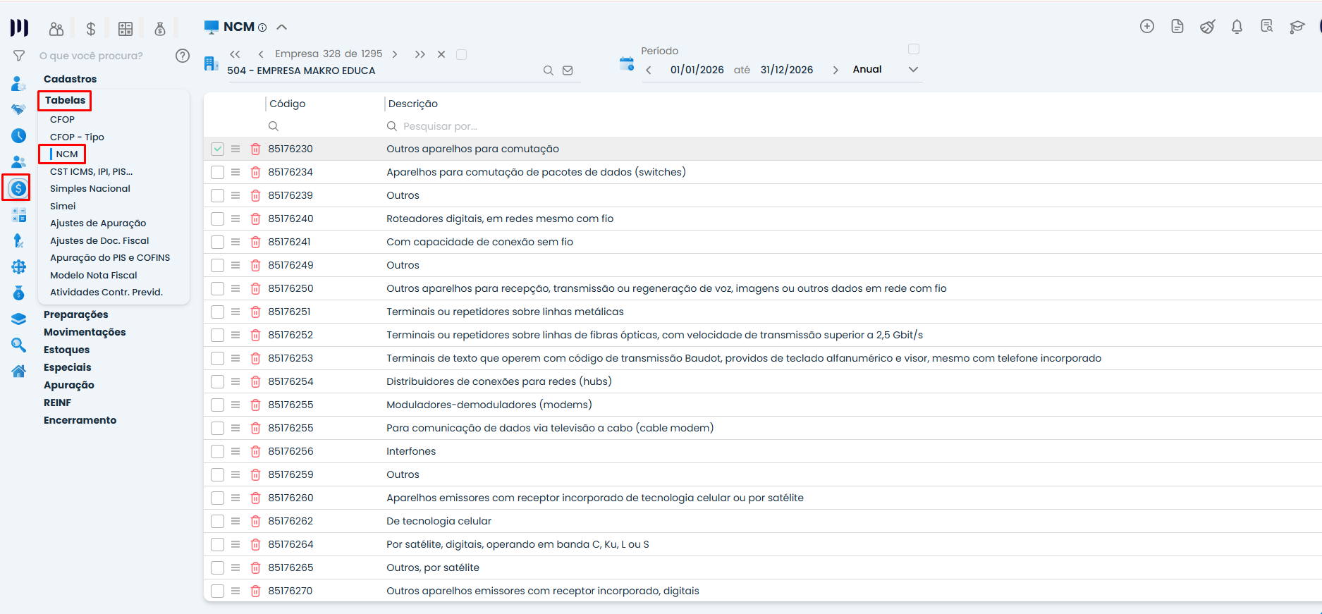 Tela do Sistema Contábil Makro exibindo a tabela de NCM com lista de códigos e descrições de mercadorias, destacando menu lateral e opções de cadastro.