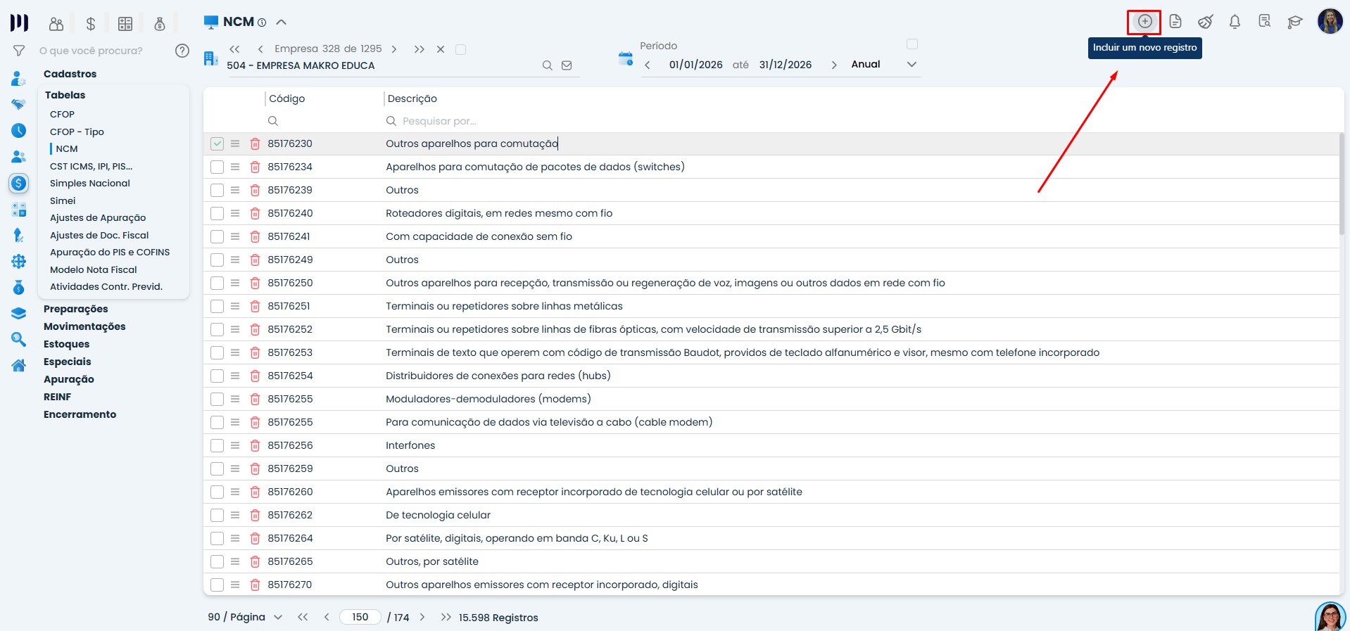 Interface do Sistema Contábil Makro na seção de NCM com destaque para botão de incluir novo registro, permitindo adicionar códigos conforme necessidade.