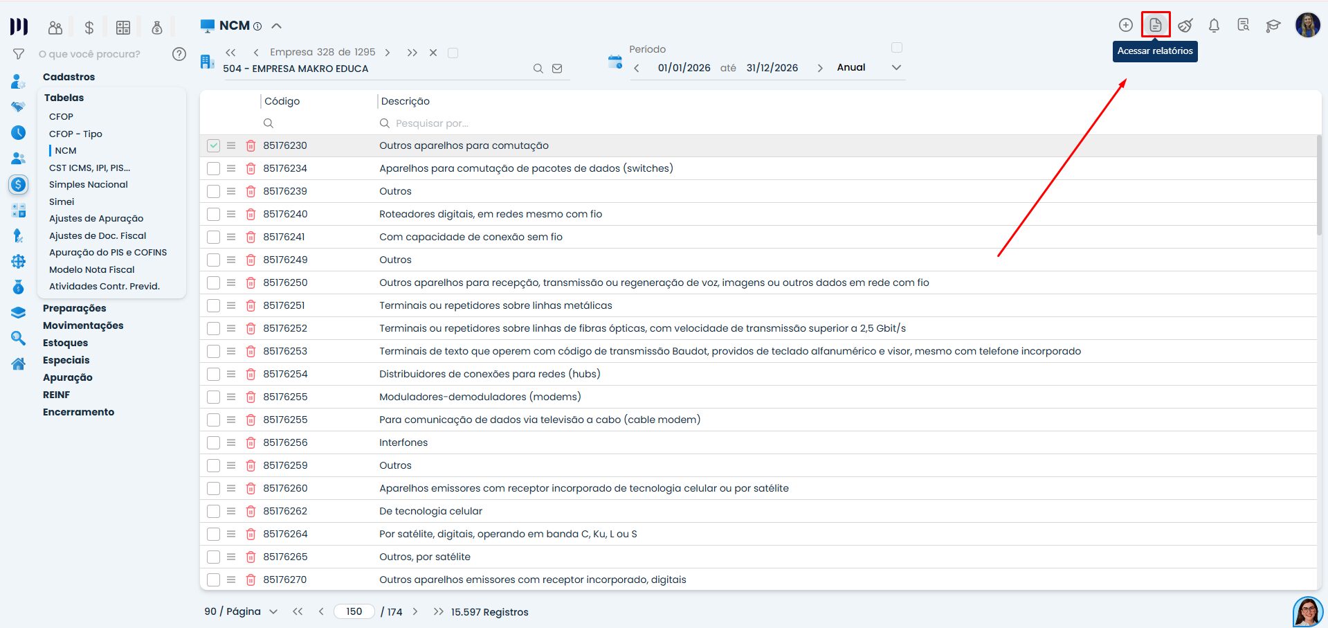 Tela do Sistema Contábil Makro na tabela de NCM com opção de acessar relatórios destacada, facilitando a extração de informações fiscais.