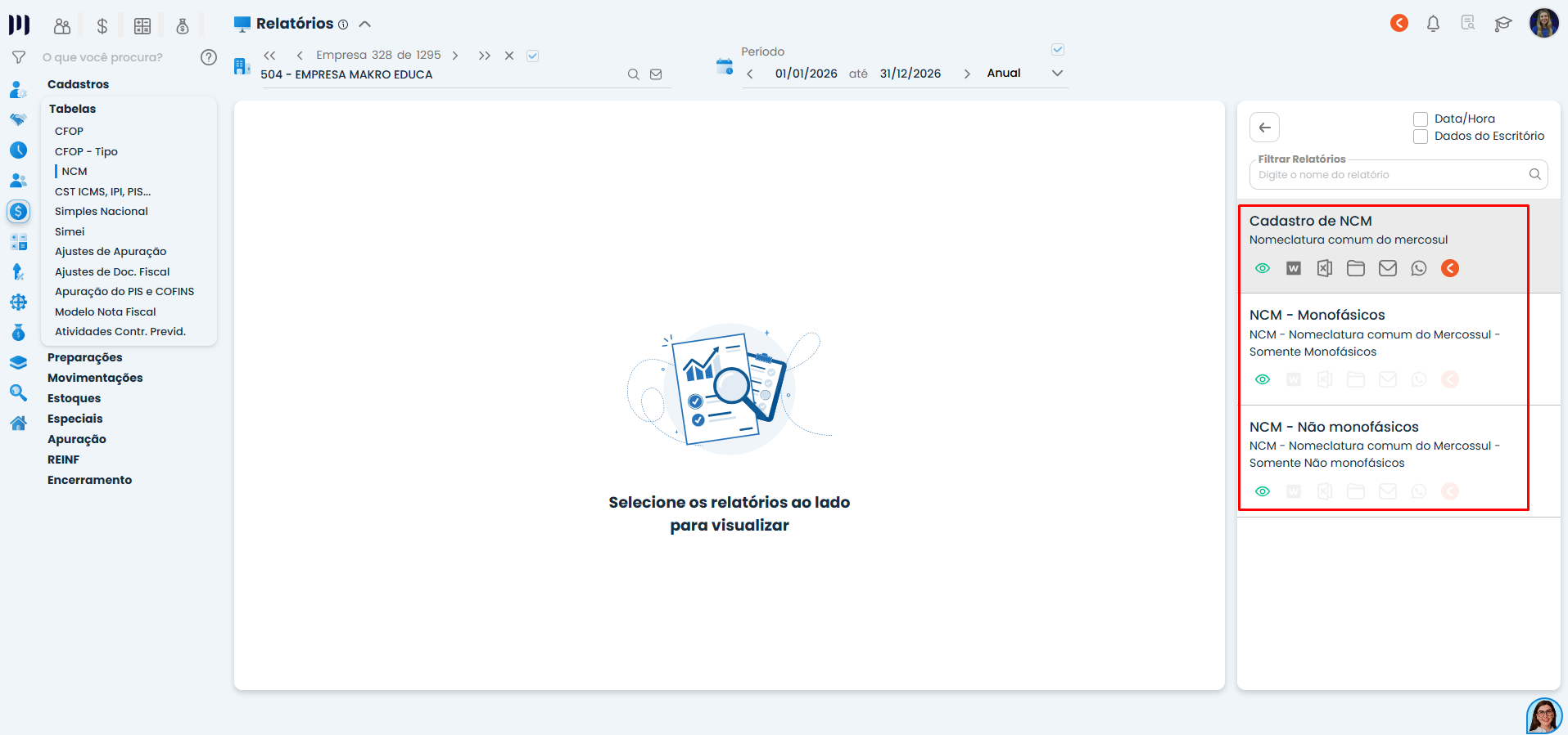 Painel de relatórios do Sistema Contábil Makro com opções de NCM monofásicos e não monofásicos, exibindo filtros e visualização de dados organizados.