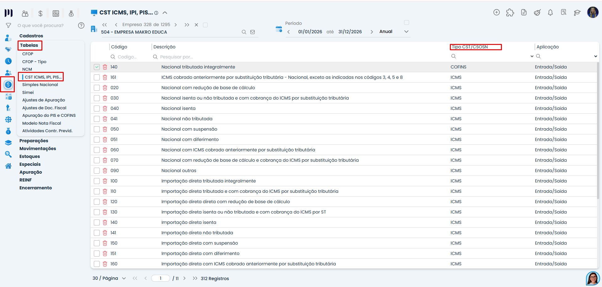 Tela do módulo CST no Sistema Contábil Makro exibindo tabela de códigos tributários ICMS, IPI e PIS/COFINS com filtros de tipo CST/CSOSN destacados.