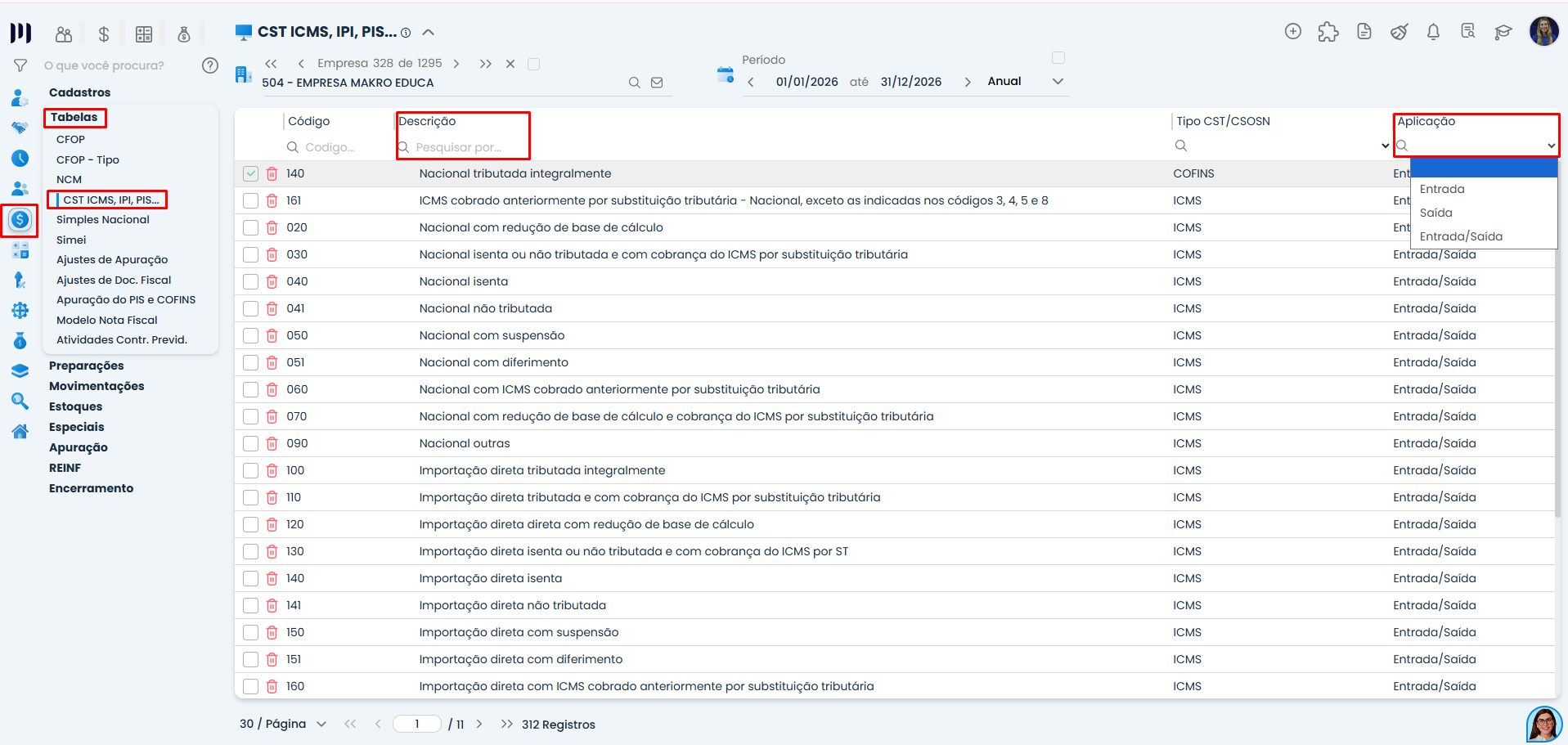 Tela do Sistema Contábil Makro com filtros de CST por descrição e aplicação, exibindo lista de códigos tributários ICMS e opções de busca de CST.