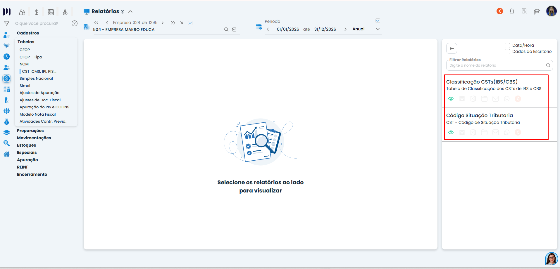 Tela de relatórios do módulo CST no Sistema Contábil Makro com opções de classificação CST e código de situação tributária destacadas para análise.