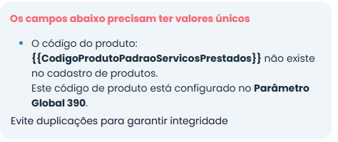 Mensagem de validação no Sistema Contábil Makro informando que o código do produto não existe no cadastro, destacando inconsistência no parâmetro global 390.