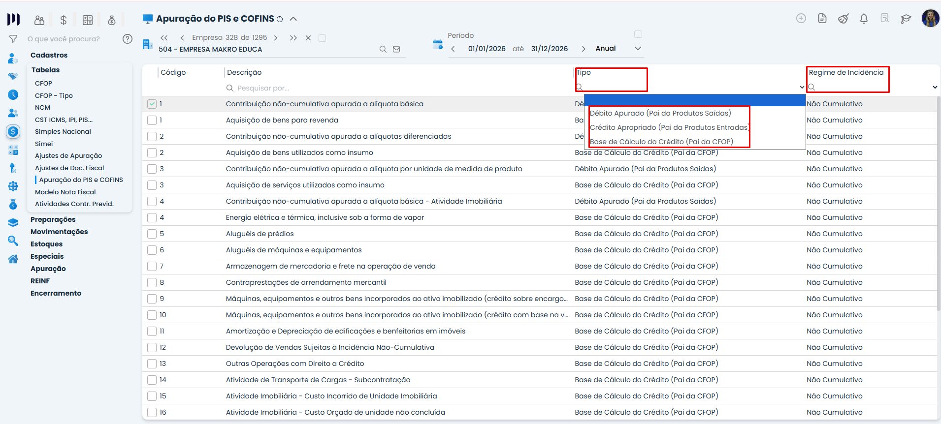 Interface do Sistema Contábil Makro mostrando Tabela Apuração com destaque para tipo e regime de incidência do PIS e COFINS em ambiente fiscal.