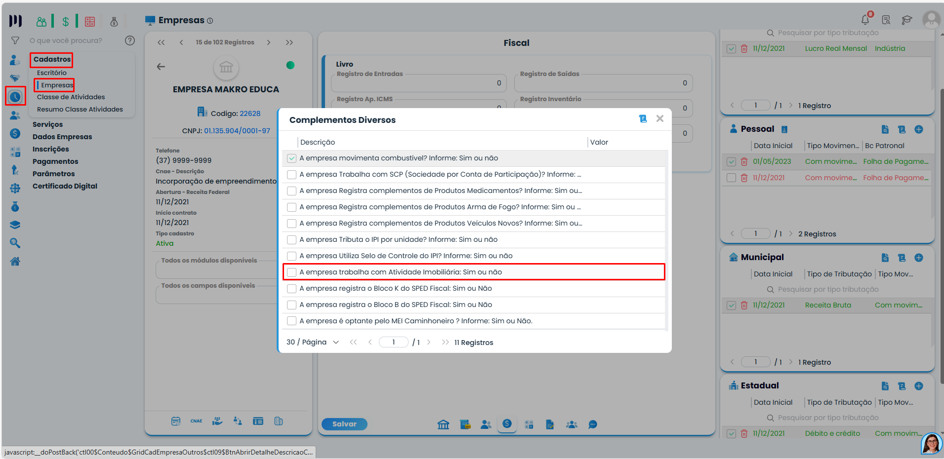 Janela de Complementos Diversos no Sistema Contábil Makro com opção de Atividade Imobiliária destacada para seleção no cadastro da empresa.