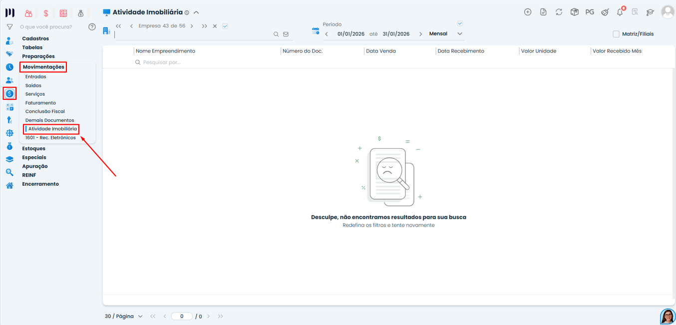 Menu Movimentações do Sistema Contábil Makro exibindo aba Atividade Imobiliária disponível após ativação no cadastro da empresa.
