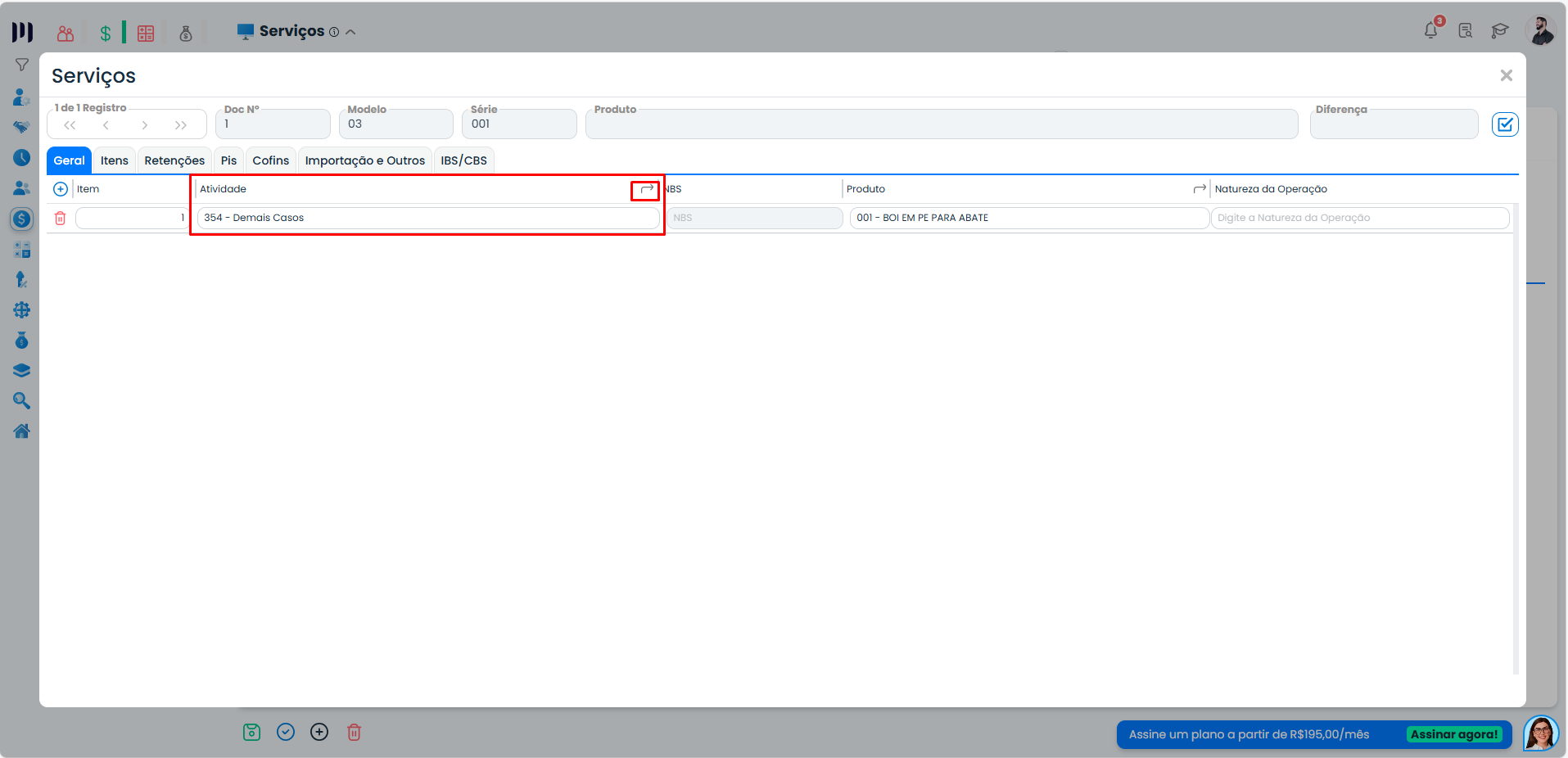 Lista de atividades em notas de serviço no Sistema Contábil Makro com destaque para seleção de serviço e identificação da atividade vinculada.