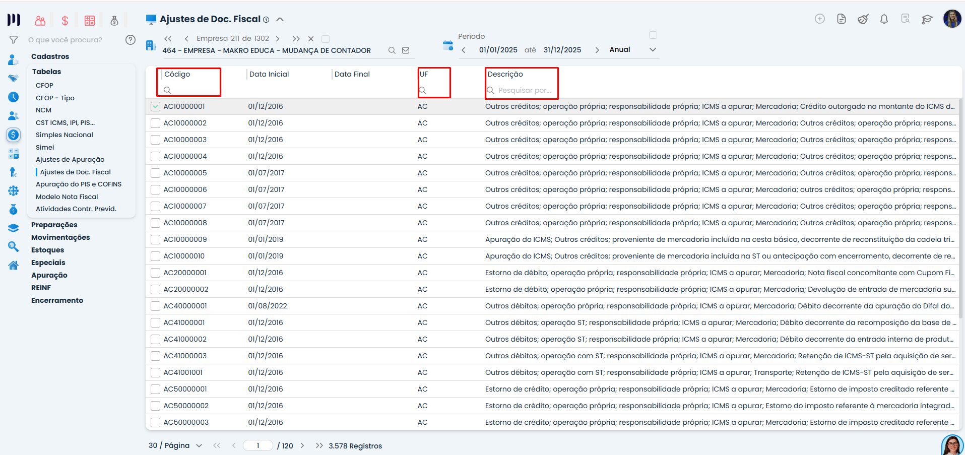 Interface do Sistema Contábil Makro mostrando filtros de busca por código, UF e descrição na tabela de ajustes de Documento Fiscal para consulta precisa.