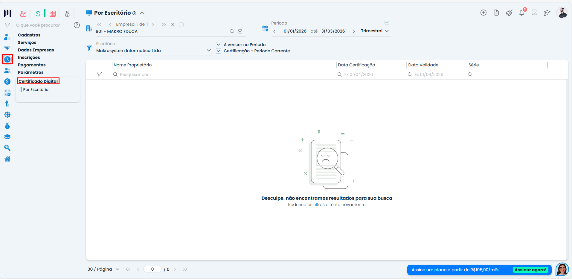 Tela do Sistema Contábil Makro em Certificado Digital por escritório sem resultados exibidos, relacionada à verificação de dados iniciais.