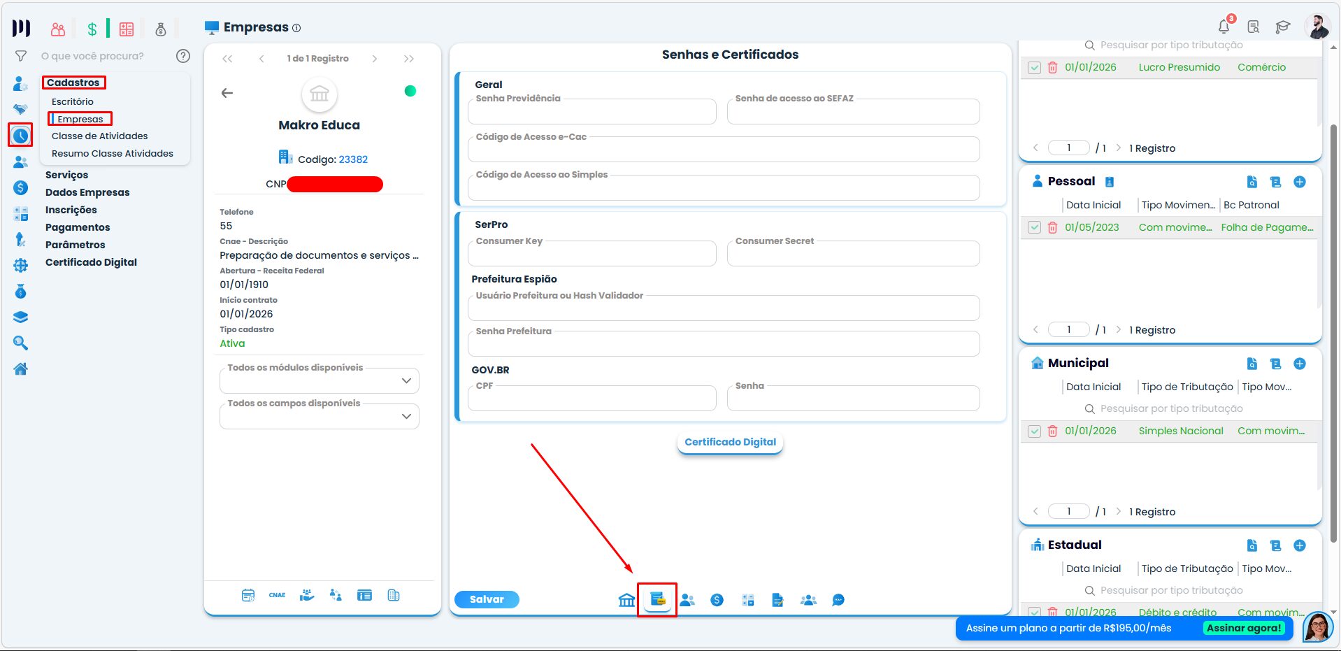 Painel de empresas no Sistema Contábil Makro com acesso ao certificado digital, etapa essencial para validação e envio correto dos Eventos Reinf no sistema.