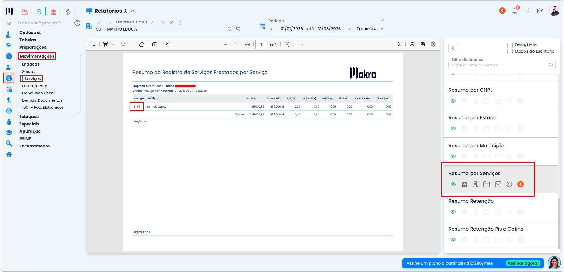 Relatório resumo por serviços no Sistema Contábil Makro exibindo dados de movimentações para conferência de eventos de retenção.
