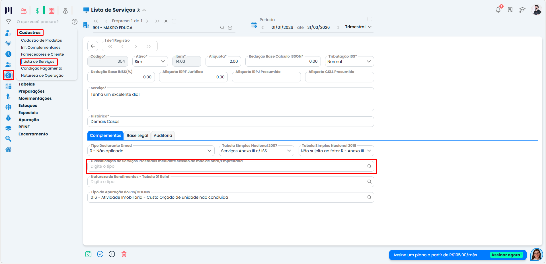 Configuração de serviço no Sistema Contábil Makro com campo de classificação para cessão de mão de obra ligado a eventos de retenção.