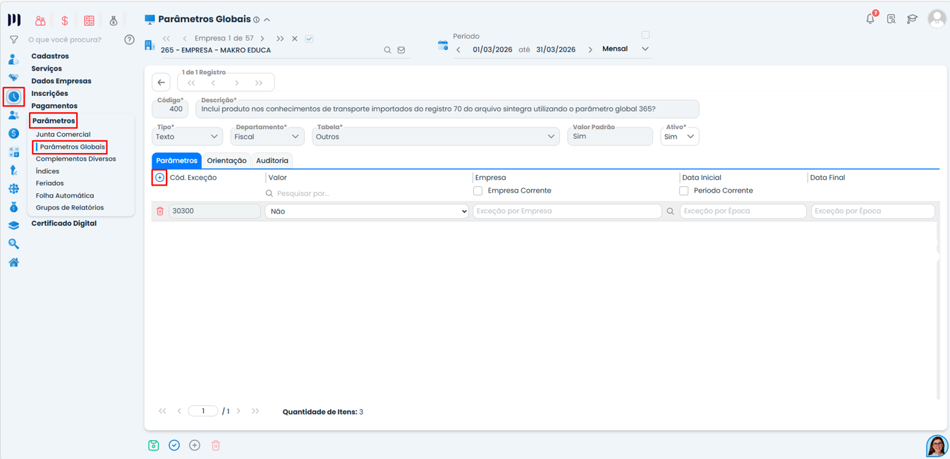Configuração do Parâmetro 400 no Sistema Contábil Makro com aba de exceções aberta para ajuste de CT-e importado pelo Sintegra sem produtos.