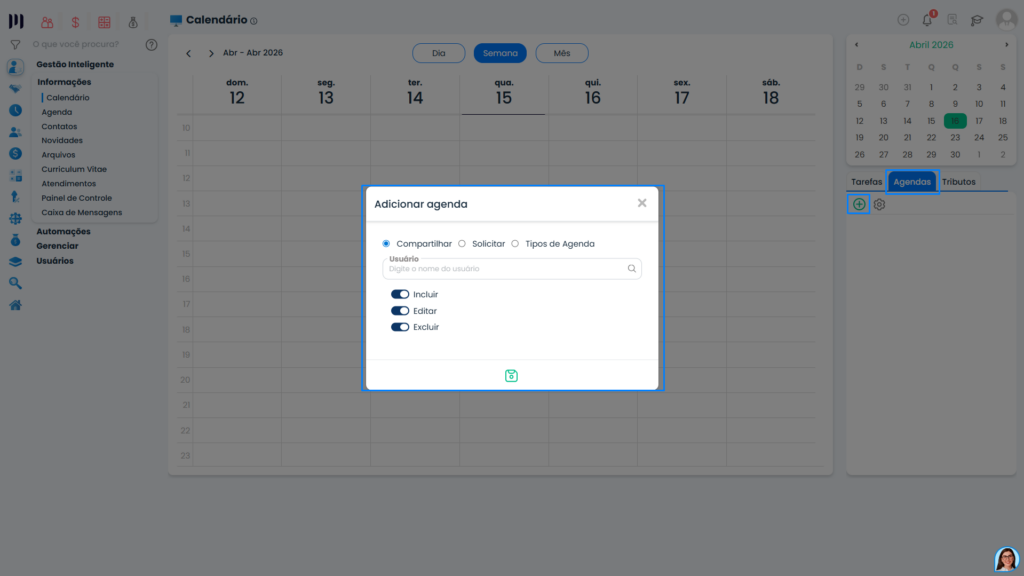 Tela de compartilhamento de agenda na Agenda no Sistema Contábil Makro com opções de permissões como incluir, editar e excluir usuários.