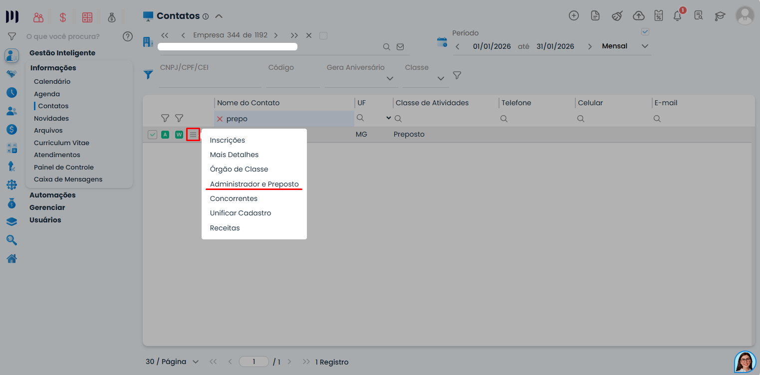 Interface do Sistema Contábil Makro exibindo lista de contatos com opção Administrador e Preposto destacada para Cadastro Preposto no sistema.
