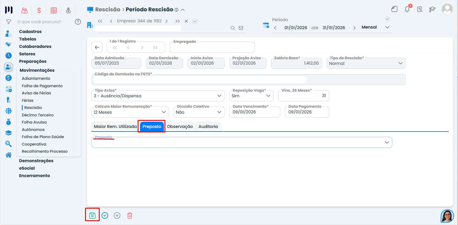Tela de Período Rescisão no Sistema Contábil Makro com aba Preposto destacada para inserção de informações do Cadastro Preposto.