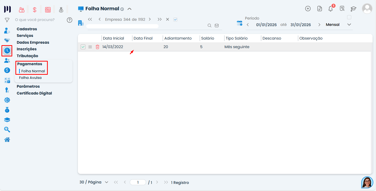 Tela do Sistema Contábil Makro destacando menu Pagamentos e Folha Normal para configurar Regime de Pagamento da empresa com navegação lateral visível