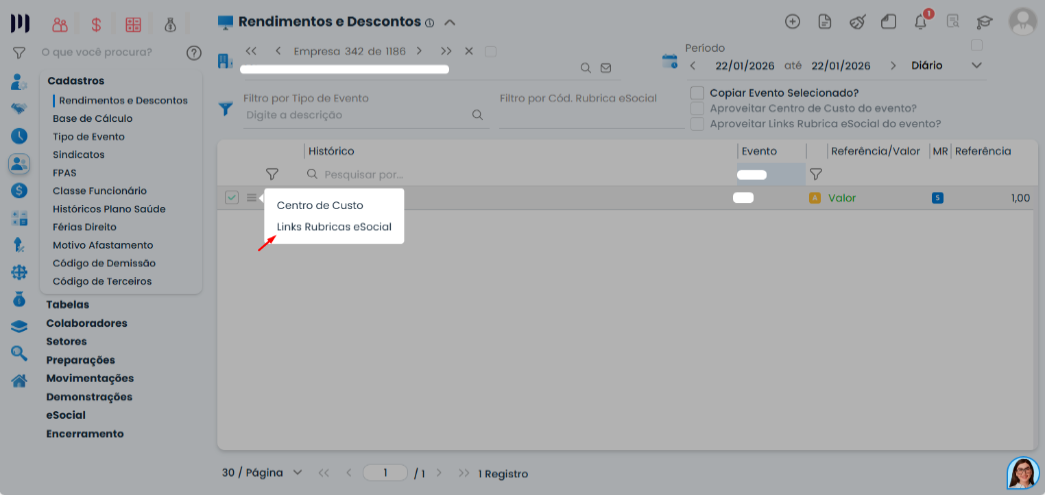 Interface do Sistema Contábil Makro exibindo opção de links de rubricas eSocial em rendimentos e descontos para ajuste da Nova DIRF com incidência correta