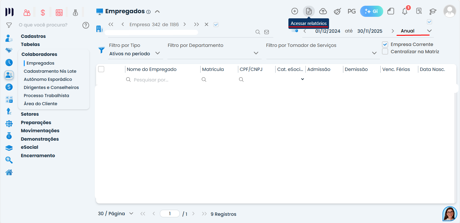 Tela de colaboradores no Sistema Contábil Makro com opção acessar relatórios destacada para gerar comprovante de rendimentos anual
