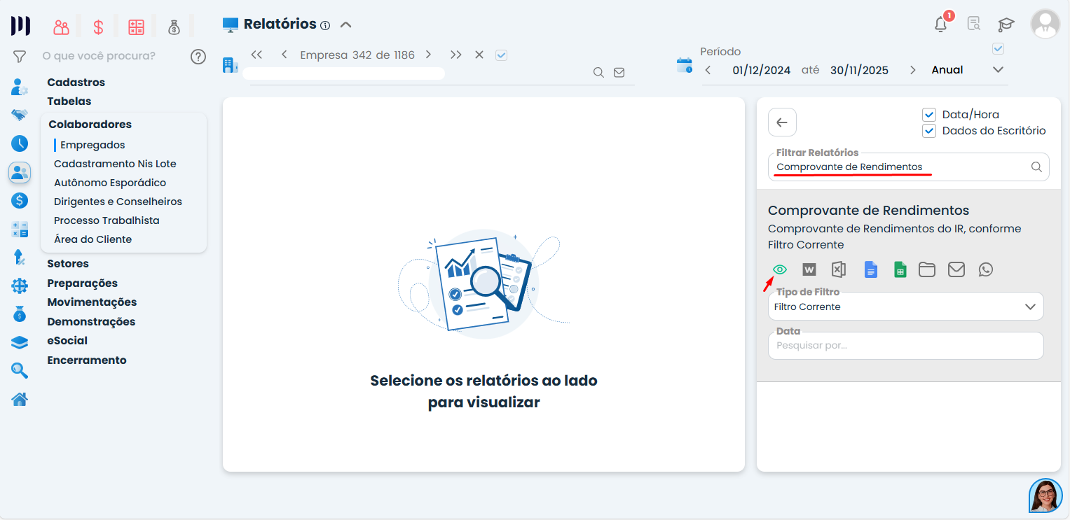 Tela de relatórios do Sistema Contábil Makro com filtro comprovante de rendimentos selecionado para visualização e emissão do documento