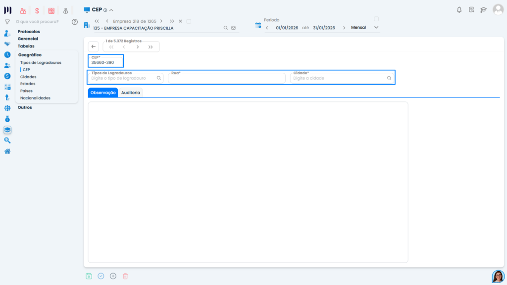 Tela de cadastro de CEP no Sistema Contábil Makro com campos para tipo de logradouro, rua e cidade, destacando como cadastrar CEP manualmente.