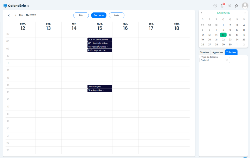Visualização da Agenda no Sistema Contábil Makro em modo semanal com eventos fiscais destacados e painel lateral de tributos na Agenda no Sistema.