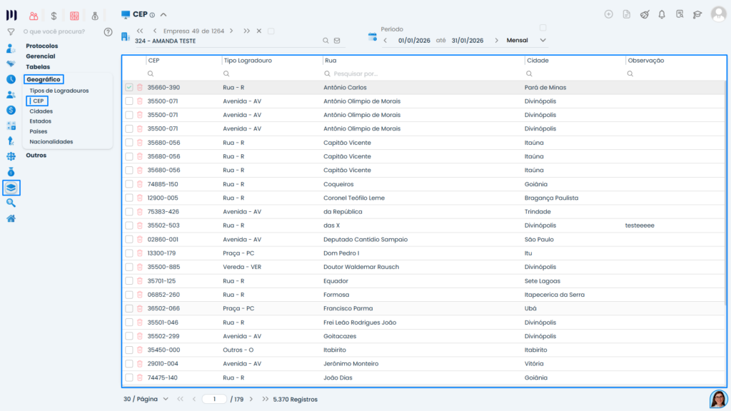Tela de listagem de CEPs no Sistema Contábil Makro com colunas de logradouro, rua e cidade, exemplificando o processo de cadastrar CEP no sistema.