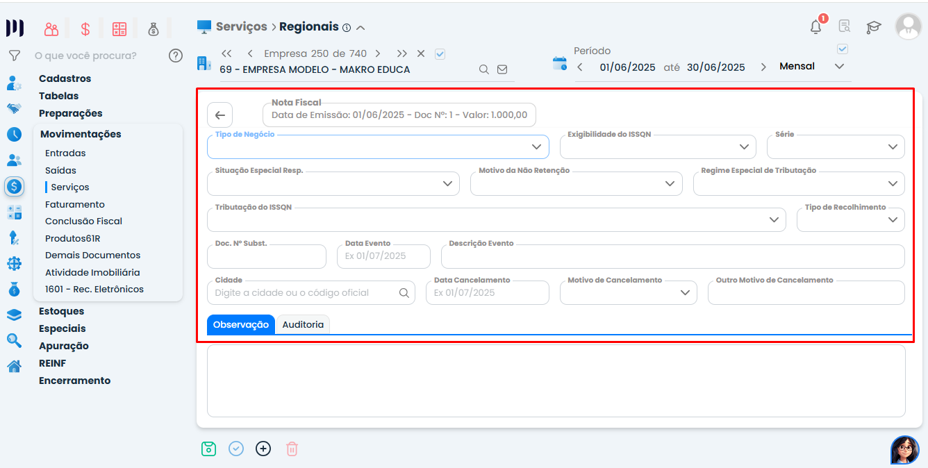 Formulário de nota fiscal no Sistema Contábil Makro com campos obrigatórios preenchidos para envio correto das informações da DES-BH.