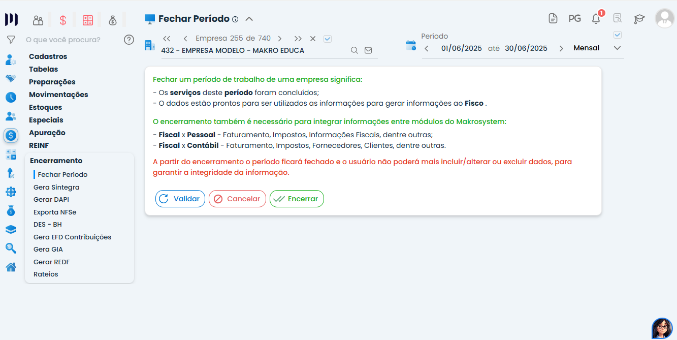 Tela de encerramento no Sistema Contábil Makro mostrando fechamento de período para geração e envio da DES-BH com validação dos dados fiscais.