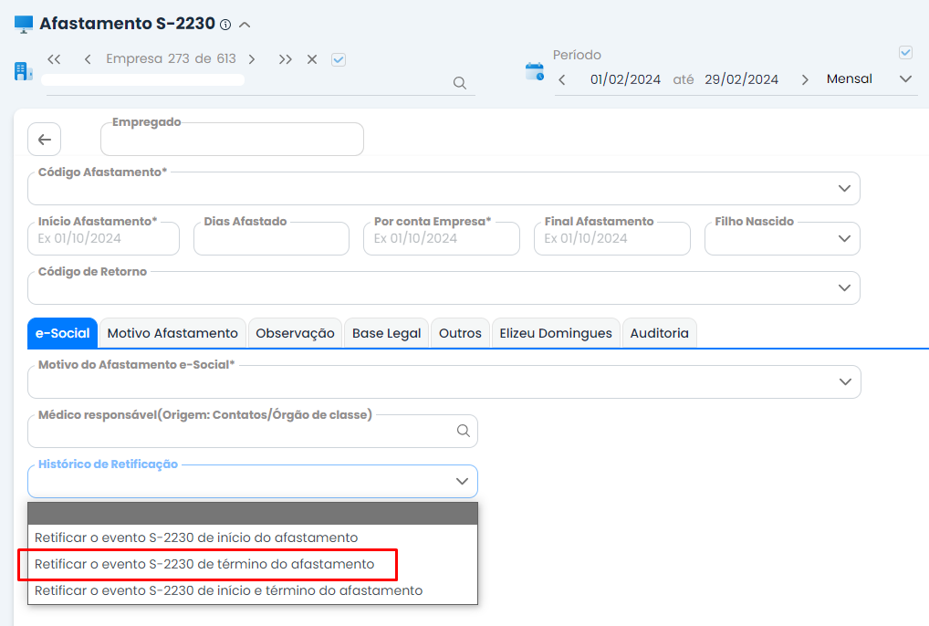 Tela de afastamento S-2230 no Sistema Contábil Makro com opção de retificar término selecionada para corrigir erro eSocial 183 no cadastro do colaborador.