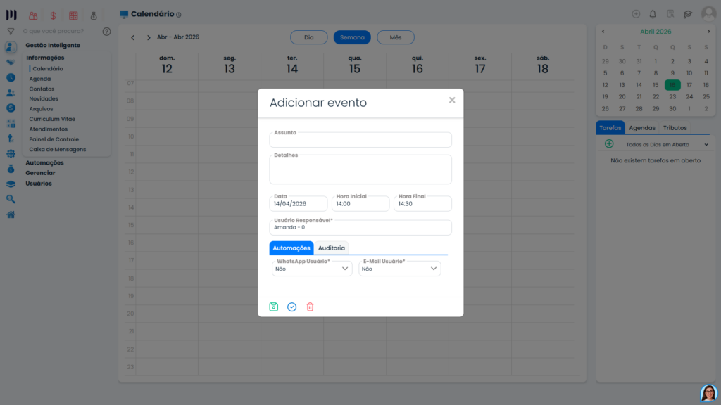 Tela de adicionar evento na Agenda no Sistema Contábil Makro com campos de assunto, data, horário e opções de automação integradas ao calendário.