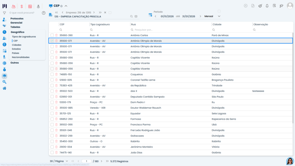 Tabela de CEP no Sistema Contábil Makro com registro selecionado, demonstrando a edição e conferência de dados ao cadastrar CEP no sistema