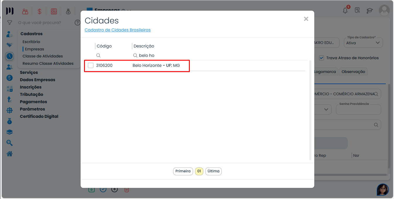 Janela de cidades no Sistema Contábil Makro com Belo Horizonte MG selecionado e código municipal destacado para configuração do Arquivo DES BH.