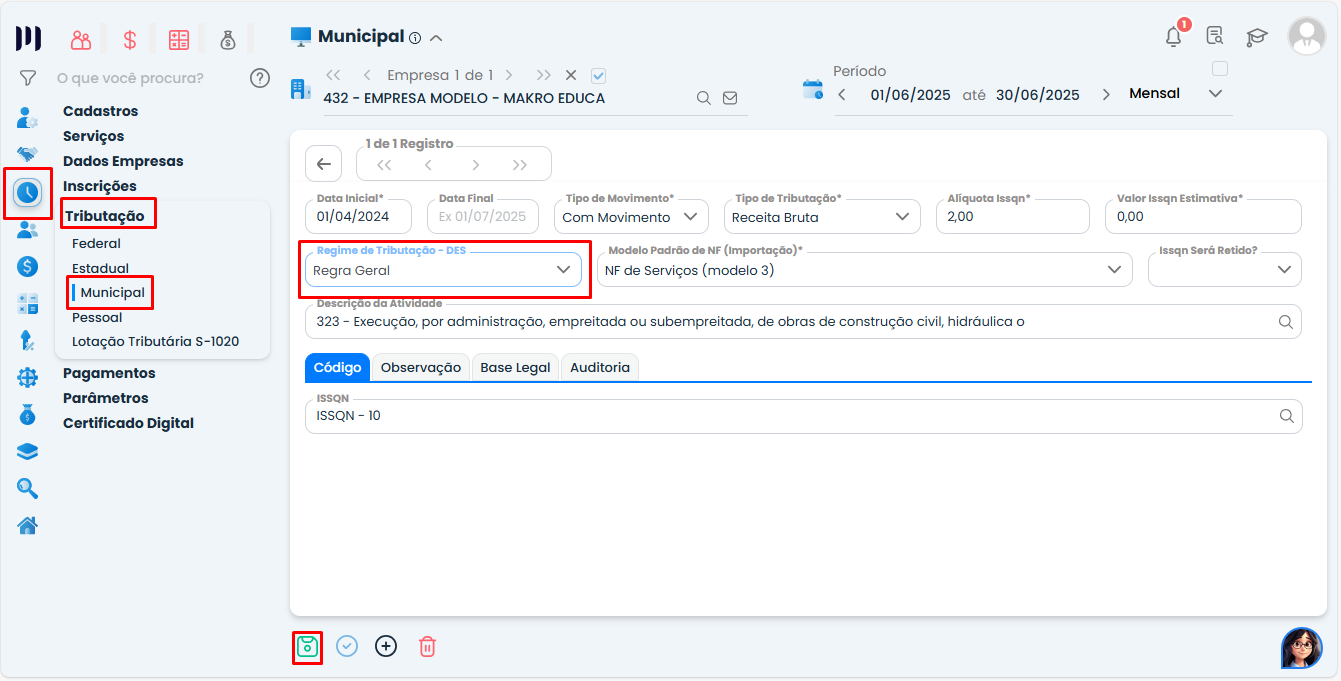 Tela de tributação municipal no Sistema Contábil Makro com regime de tributação DES definido como regime geral para geração do Arquivo DES BH.