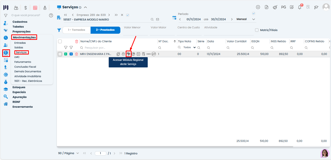 Tela de movimentações de serviços no Sistema Contábil Makro com acesso ao módulo regional destacado para preenchimento necessário ao Arquivo DES BH.