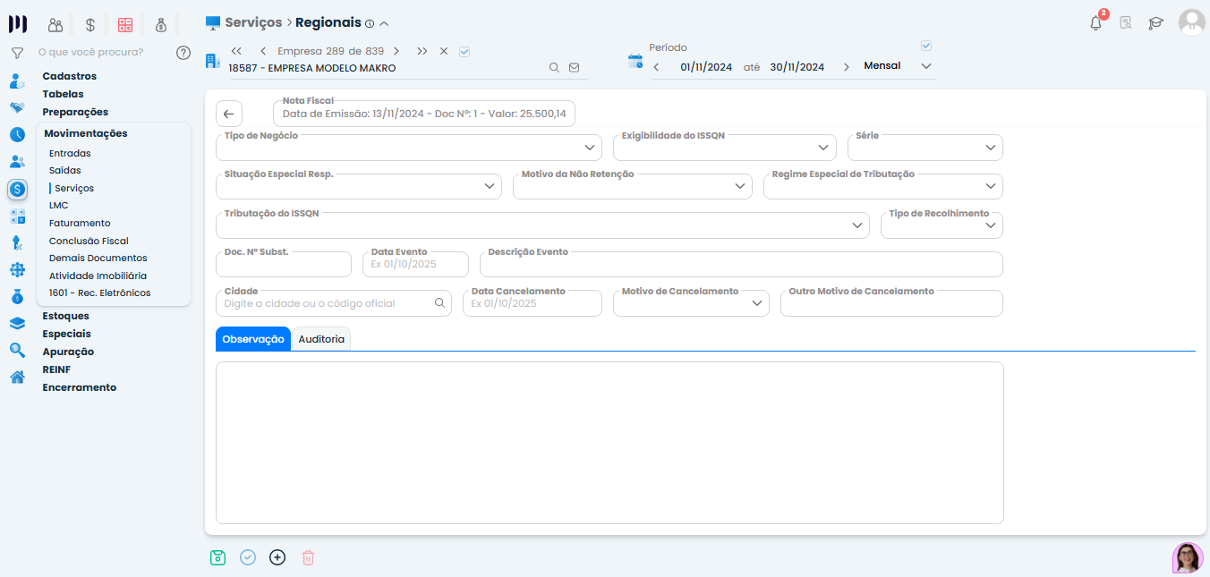 Tela de serviços regionais no Sistema Contábil Makro com campos de tributação e observação preenchidos para compor o Arquivo DES BH corretamente.